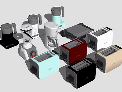 Various Modern Kitchen Appliances in Different Colors Including Toasters Coffee Makers and Blenders 3d model
