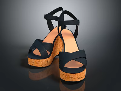 Comfortable Black Wedge Sandals with Crisscross Straps and Cork Soles for Everyday Use 3d model