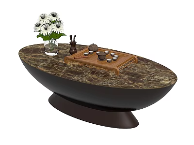 Oval Shaped Coffee Table With Marble Top Dark Base And Wooden Tray With Tea Set 3d model