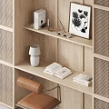 Wooden Bookcase With Rattan Grid Design Small Desk Table Lamp Books And Brown Leather Chair