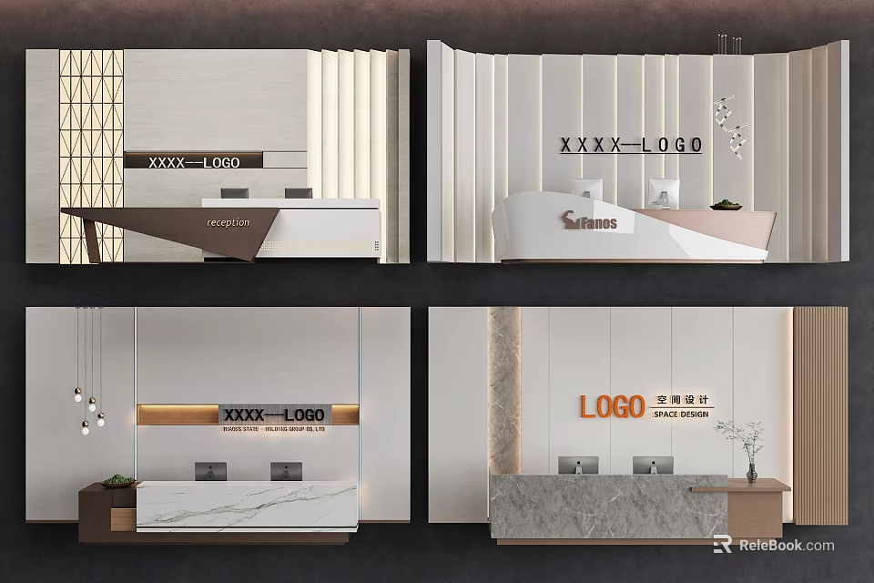 Elegant Front Desk Background Wall With Marble Counter Wooden Panel Logo And Lighting 3d model 