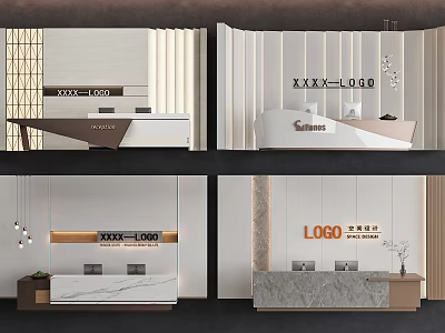 Elegant Front Desk Background Wall With Marble Counter Wooden Panel Logo And Lighting 3d model