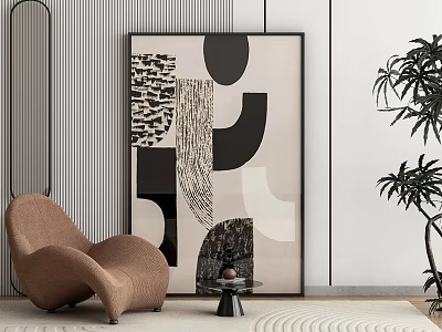 Abstract Painting in Interior with Brown Chair Small Table Plant White Wall and Striped Decor 3d model