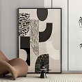 Abstract Painting in Interior with Brown Chair Small Table Plant White Wall and Striped Decor
