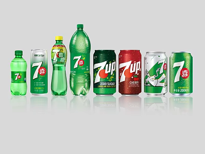 7Up Soft Drinks With Green Bottles And Red Cans In Various Sizes 3d model
