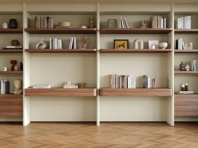 Modern Bookcase With Multiple Shelves Books Decorative Items Sculptures And Wooden Accents 3d model