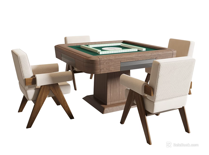 Entertainment Table with Green Surface and Four Beige Upholstered Wooden Leg Chairs 3d model 