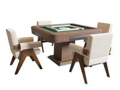 Entertainment Table with Green Surface and Four Beige Upholstered Wooden Leg Chairs 3d model