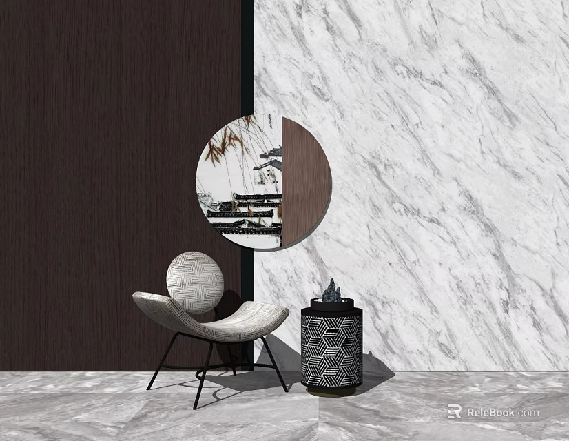 Stylish Single Chair in Modern Interior with Round Mirror Marble Wall and Black Textured Lamp 3d model 