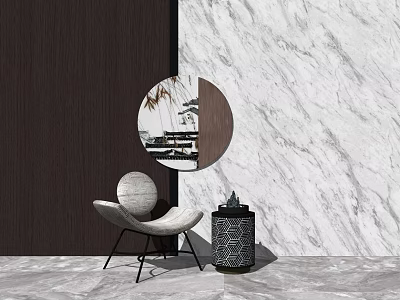 Stylish Single Chair in Modern Interior with Round Mirror Marble Wall and Black Textured Lamp 3d model