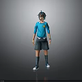 Anime Style Character With Blue Hair Blue Shirt Yellow Badge Shorts Long Socks And Sneakers