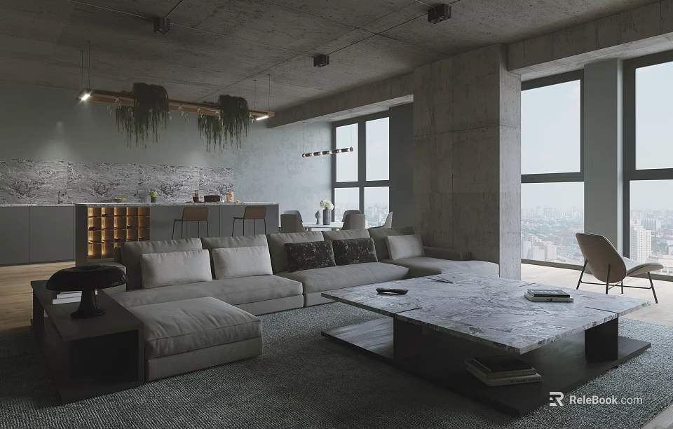Modern Living Room Interior With Gray Sofa Marble Coffee Table Hanging Plants And Large Windows 3d model 