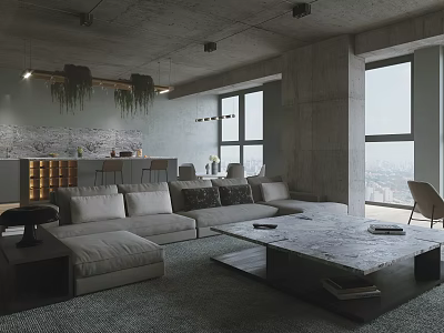 Modern Living Room Interior With Gray Sofa Marble Coffee Table Hanging Plants And Large Windows 3d model