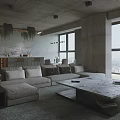Modern Living Room Interior With Gray Sofa Marble Coffee Table Hanging Plants And Large Windows
