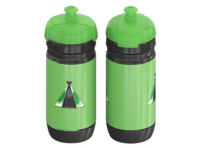 Two Green Water Bottles With Green Lids Black Base And Triangle Design 3d model