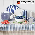 Fresh Blueberries and Strawberries in White Bowl with Blue White Striped Tablecloth and Ceramic Dishes