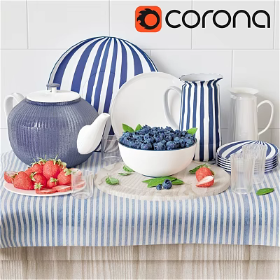 Fresh Blueberries and Strawberries in White Bowl with Blue White Striped Tablecloth and Ceramic Dishes 3d model