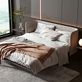 Modern Double Bed With White Sheets Brown Blanket Nightstands And Green Plant Lamp