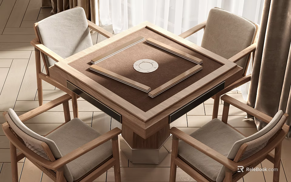 Modern Wooden Entertainment Table With Four Chairs And White Circular Tabletop Design 3d model 