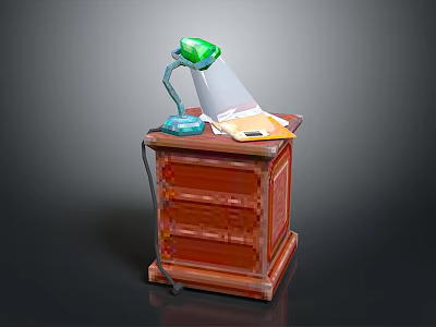 Wooden Office Desk with Drawers Featuring Table Lamp Green Lampshade and Papers 3d model