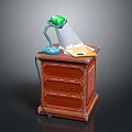 Wooden Office Desk with Drawers Featuring Table Lamp Green Lampshade and Papers