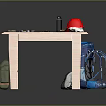 Man Packing Work Gear With Red Safety Helmet Black Water Bottle Tools And Backpacks On Table
