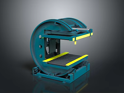 Blue Industrial Mechanical Equipment Featuring Curved Frame Platform Base and Yellow Accents 3d model