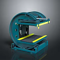 Blue Industrial Mechanical Equipment Featuring Curved Frame Platform Base and Yellow Accents
