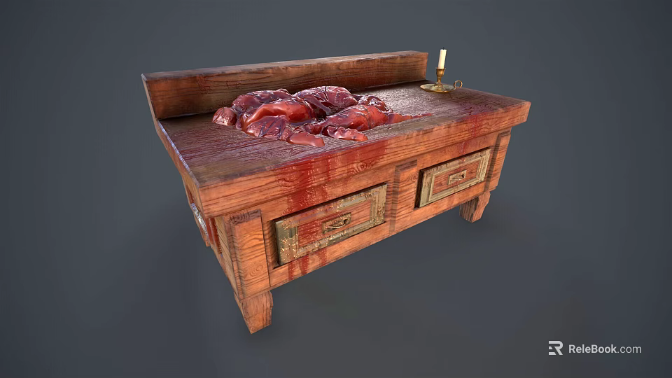 Wooden Chest Displaying Red Substance On Top And Candle By Decorative Drawers 3d model 
