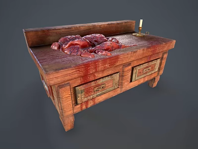 Wooden Chest Displaying Red Substance On Top And Candle By Decorative Drawers 3d model