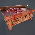 Wooden Chest Displaying Red Substance On Top And Candle By Decorative Drawers