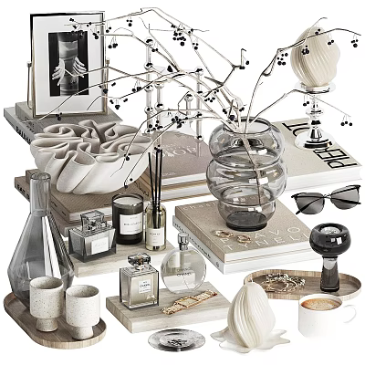Elegant Decorative Ornament Collection With Vases Books Candles Perfume Bottles And Sculptures 3d model