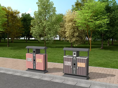 Pink And Gray Public Trash Bins On Sidewalk With Green Grass And Trees 3d model