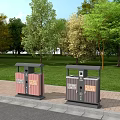 Pink And Gray Public Trash Bins On Sidewalk With Green Grass And Trees