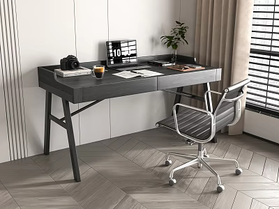 Modern Home Office Writing Desk And Office Chair With Laptop Camera Potted Plant And Blinds 3d model