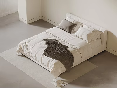White Double Bed With Gray Blanket And Pillows On Soft Rug In Modern Bedroom 3d model