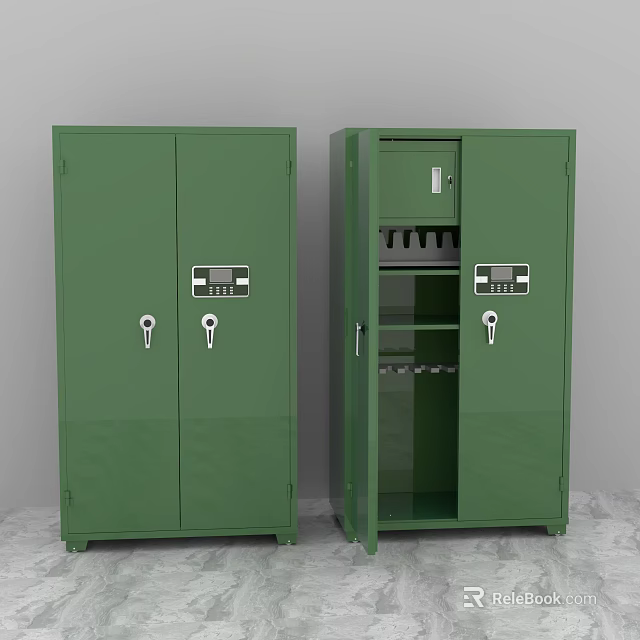 Green Secure Storage Cabinets With Combination Locks Keys And Open Shelves 3d model 