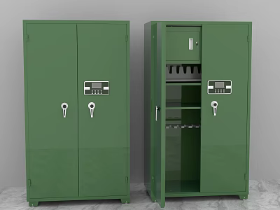 Green Secure Storage Cabinets With Combination Locks Keys And Open Shelves 3d model
