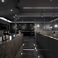 Modern Café Interior Design With Black Bar Marble Counter Bookshelves And City View
