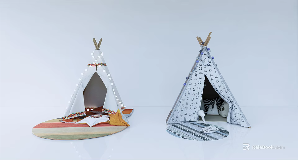 Two Decorative Tipi Tents With String Lights Patterned Fabric Carpeted Base And Cozy Interior Items 3d model 