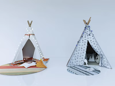 Two Decorative Tipi Tents With String Lights Patterned Fabric Carpeted Base And Cozy Interior Items 3d model