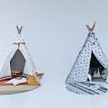 Two Decorative Tipi Tents With String Lights Patterned Fabric Carpeted Base And Cozy Interior Items