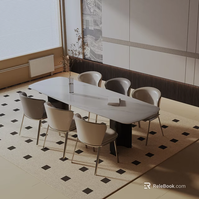 Modern Dining Table Set With White Tabletop Black Legs And Matching Light Gray Chairs 3d model 