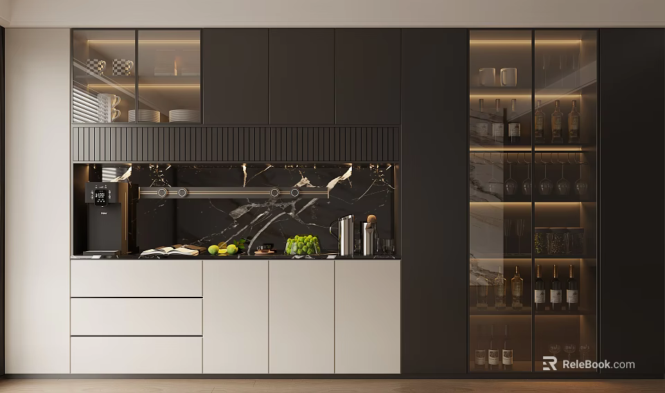 Modern Wine Cabinet In Open Kitchen Interior With Glass Doors And Wine Bottle 3d model 