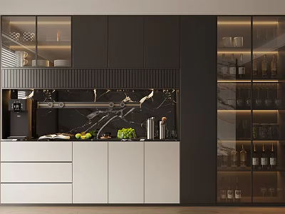 Modern Wine Cabinet In Open Kitchen Interior With Glass Doors And Wine Bottle 3d model