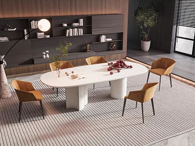 Modern Elegant Dining Table Set Featuring White Oval Table And Four Brown Chairs 3d model