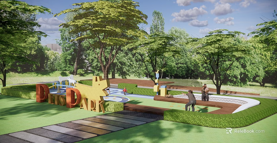 Fun Children's Playground With Animal Shaped Structures Colorful Ground Trees Slides And Kids Playing 3d model 