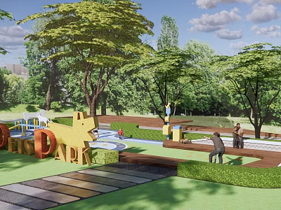 Fun Children's Playground With Animal Shaped Structures Colorful Ground Trees Slides And Kids Playing 3d model