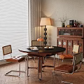 Warm Restaurant Interior With Round Table Leather Chairs Floor Lamp And Wooden Cabinet