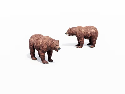 Realistic Pair of Brown Bear Toy Figurines Standing on White Background 3d model